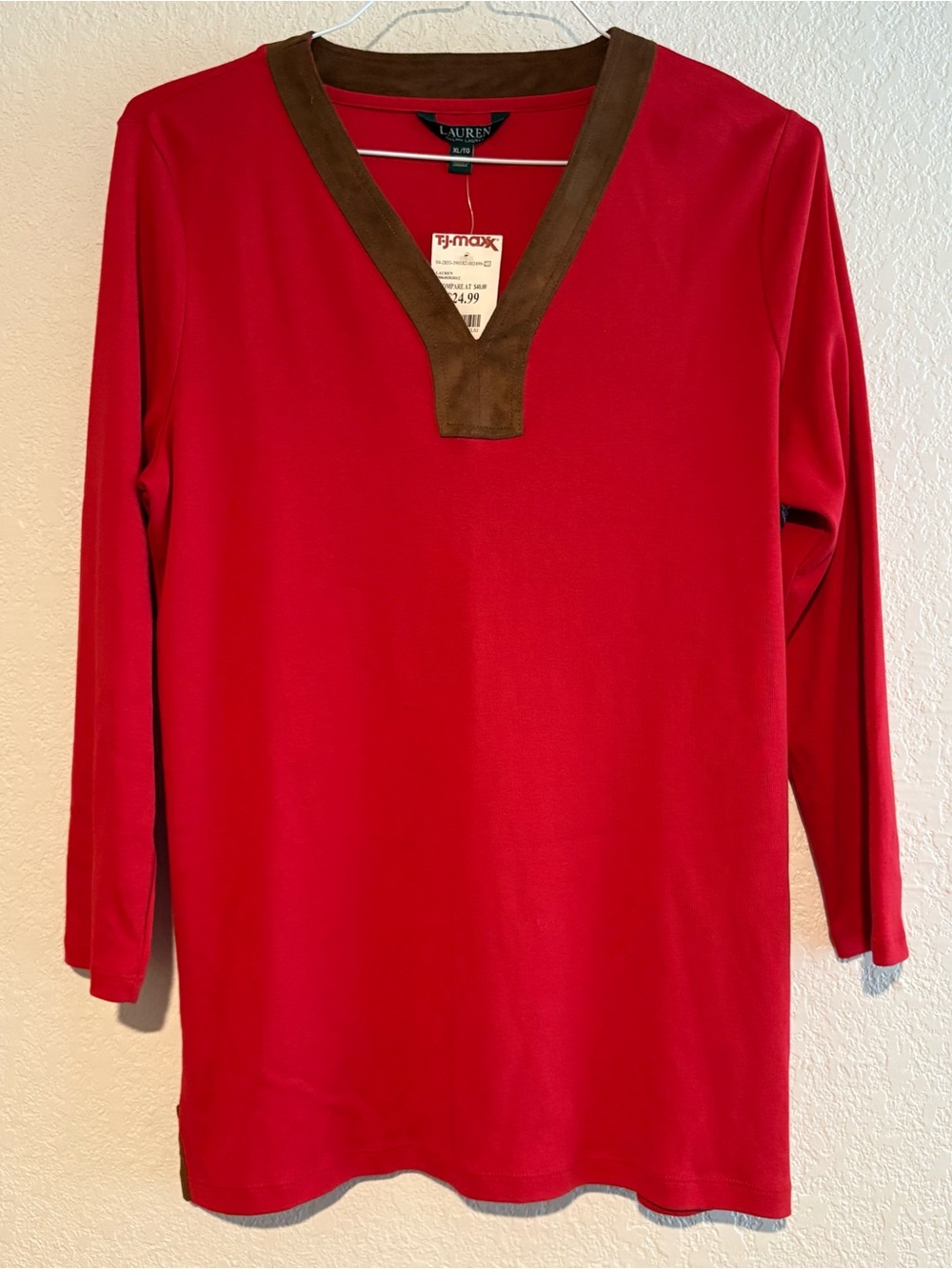Lauren Ralph Lauren Red Long-Sleeve V-Neck Tunic with Suede Trim